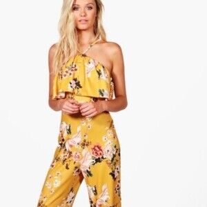 Boohoo Yellow Floral Size 10 Wide Leg Jumpsuit NWT
